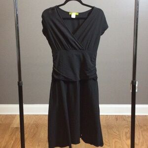 S Acorn black cinch waist faux wrap dress
